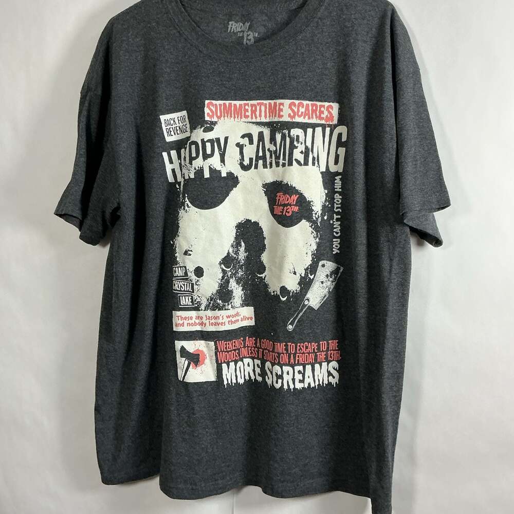 Friday The 13th Happy Camping Graphic T-Shirt Charcoal Grey Men's Size L